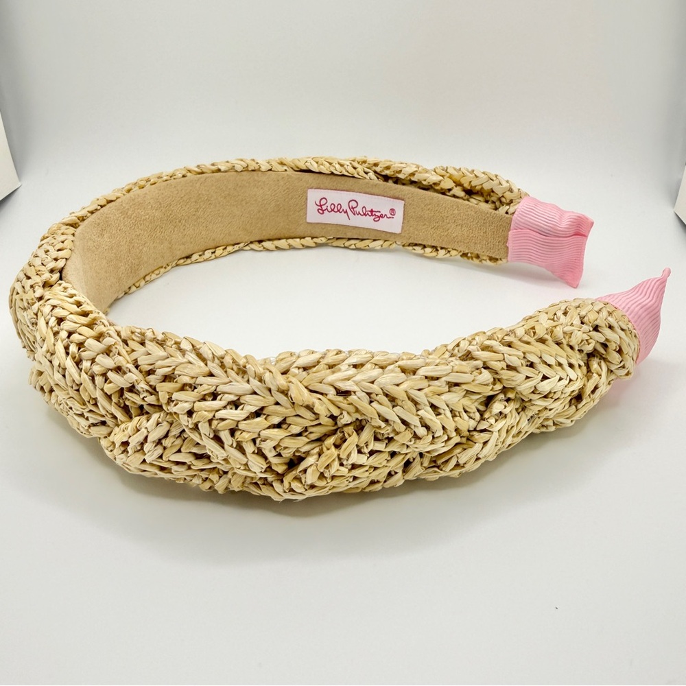 Lilly Pulitzer Braided Natural Raffia Headband with Pink Tips NEW